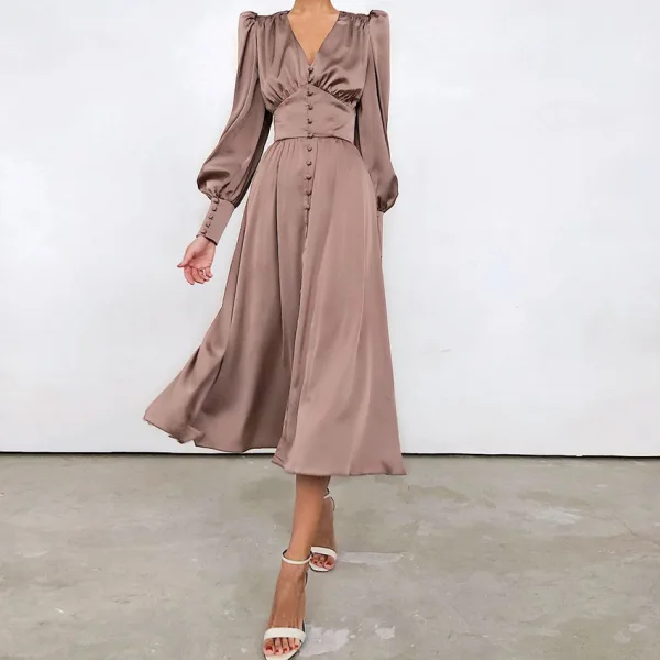 Modest / Simple Beige Summer Maxi Dresses 2021 Deep V-Neck Puffy Long Sleeve Tea-length Ruffle Womens Clothing