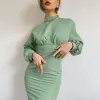 Mode Groen Toevallig Maxi-jurken 2021 Hoge Kraag Gezwollen Lange Mouwen Tea-length Dameskleding