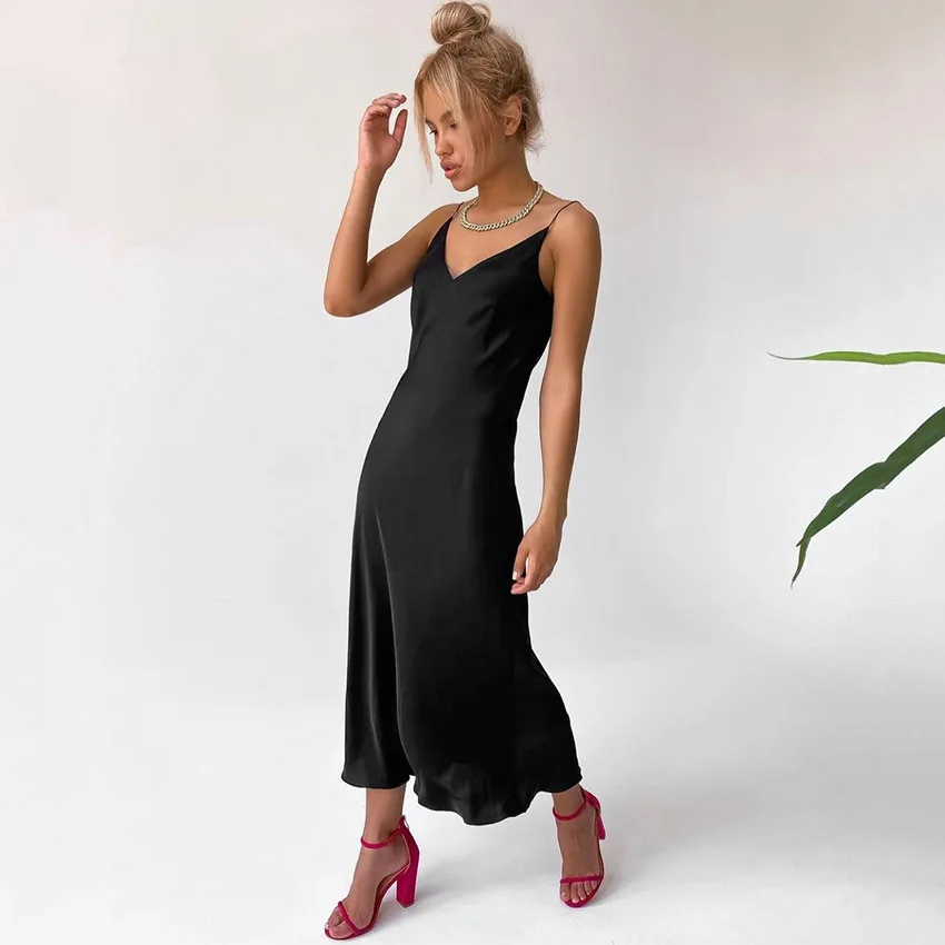 Modest Simple Summer Dark Green Silk Maxi Dresses 2021 Spaghetti Straps  Sleeveless Tea Length Backless Womens Clothing