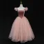 Vintage / Retro Pearl Pink Dancing Prom Dresses 2021 Ball Gown Square Neckline Short Sleeve Spotted Tulle Tea-length Ruffle Backless Formal Dresses