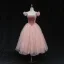 Vintage / Retro Pearl Pink Dancing Prom Dresses 2021 Ball Gown Square Neckline Short Sleeve Spotted Tulle Tea-length Ruffle Backless Formal Dresses