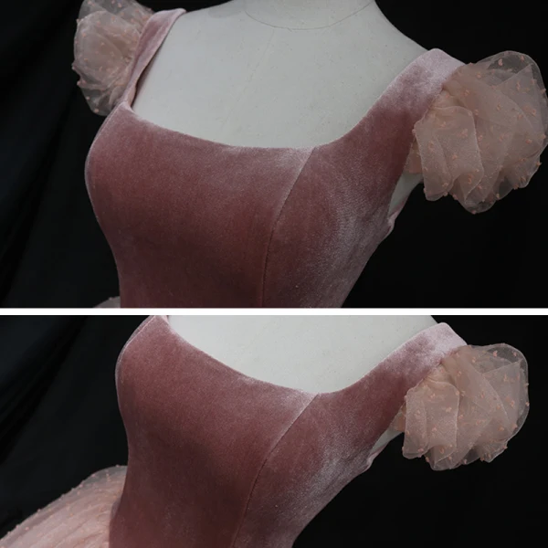 Vintage / Retro Pearl Pink Dancing Prom Dresses 2021 Ball Gown Square Neckline Short Sleeve Spotted Tulle Tea-length Ruffle Backless Formal Dresses