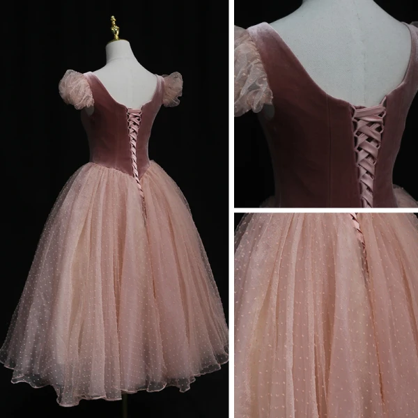 Vintage / Retro Pearl Pink Dancing Prom Dresses 2021 Ball Gown Square Neckline Short Sleeve Spotted Tulle Tea-length Ruffle Backless Formal Dresses