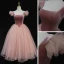 Vintage / Retro Pearl Pink Dancing Prom Dresses 2021 Ball Gown Square Neckline Short Sleeve Spotted Tulle Tea-length Ruffle Backless Formal Dresses