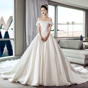 Modest Simple Ivory Wedding Dresses 2019 A Line Princess Off The Shoulder Short Sleeve Backless Cathedral Train Ruffle