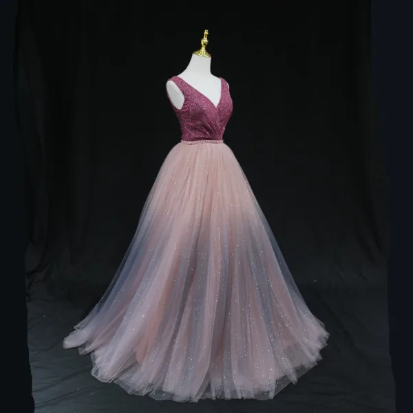 High-end Burgundy Dancing Prom Dresses 2021 A-Line / Princess Deep V-Neck Sleeveless Beading Sash Sequins Glitter Tulle Floor-Length / Long Ruffle Backless Formal Dresses