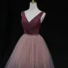 High-end Burgundy Dancing Prom Dresses 2021 A-Line / Princess Deep V-Neck Sleeveless Beading Sash Sequins Glitter Tulle Floor-Length / Long Ruffle Backless Formal Dresses