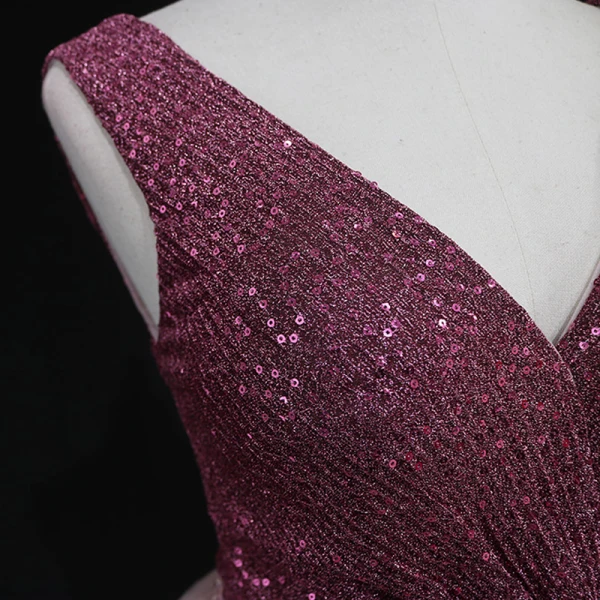 High-end Burgundy Dancing Prom Dresses 2021 A-Line / Princess Deep V-Neck Sleeveless Beading Sash Sequins Glitter Tulle Floor-Length / Long Ruffle Backless Formal Dresses