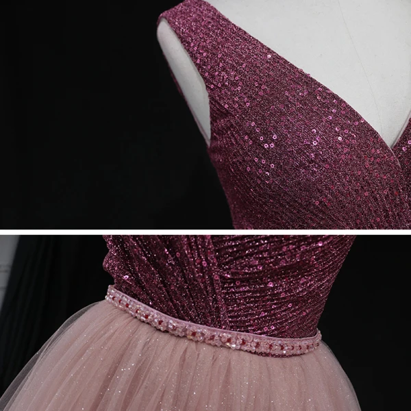 High-end Burgundy Dancing Prom Dresses 2021 A-Line / Princess Deep V-Neck Sleeveless Beading Sash Sequins Glitter Tulle Floor-Length / Long Ruffle Backless Formal Dresses