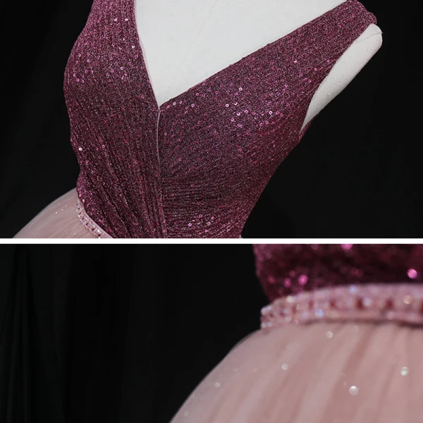 High-end Burgundy Dancing Prom Dresses 2021 A-Line / Princess Deep V-Neck Sleeveless Beading Sash Sequins Glitter Tulle Floor-Length / Long Ruffle Backless Formal Dresses