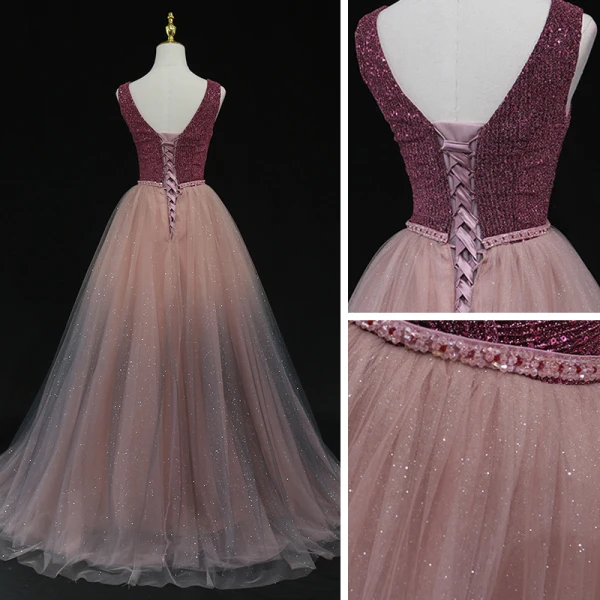 High-end Burgundy Dancing Prom Dresses 2021 A-Line / Princess Deep V-Neck Sleeveless Beading Sash Sequins Glitter Tulle Floor-Length / Long Ruffle Backless Formal Dresses
