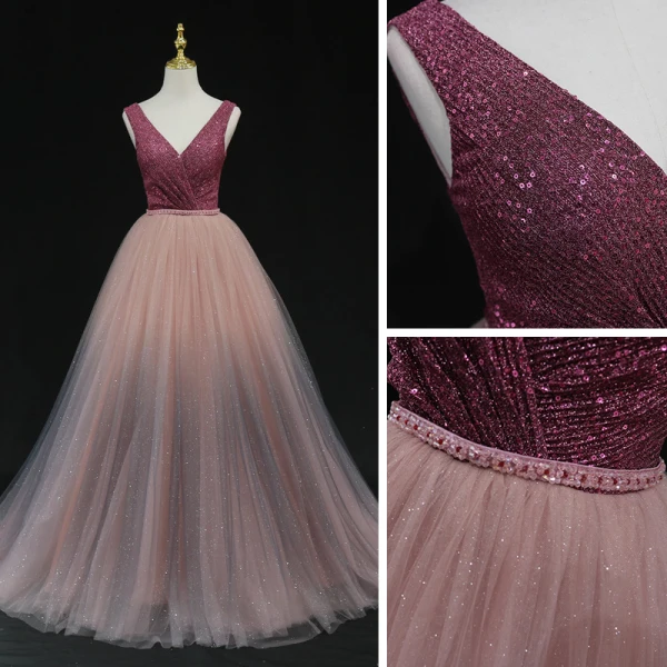 High-end Burgundy Dancing Prom Dresses 2021 A-Line / Princess Deep V-Neck Sleeveless Beading Sash Sequins Glitter Tulle Floor-Length / Long Ruffle Backless Formal Dresses