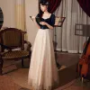 Chic / Beautiful Navy Blue Dancing Prom Dresses 2021 A-Line / Princess Square Neckline Puffy 1/2 Sleeves Beading Pearl Sequins Glitter Tulle Floor-Length / Long Ruffle Backless Formal Dresses