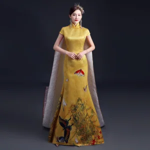 Chinese Style Yellow Cheongsam Qipao 2021 Trumpet Mermaid High Neck Short Sleeve Butterfly Printing Watteau Train Formal Dresses