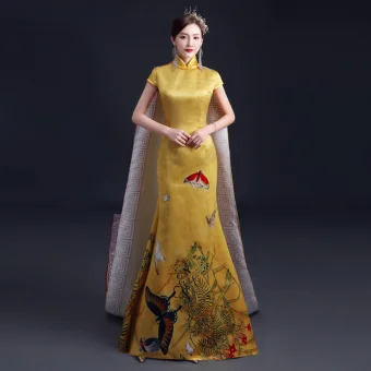 Chinese Style Yellow Cheongsam Qipao 2021 Trumpet Mermaid High Neck Short Sleeve Butterfly Printing Watteau Train Formal Dresses