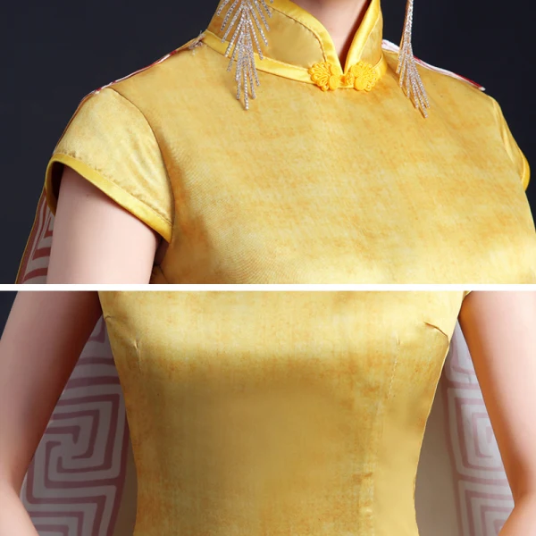 Chinese style Yellow Cheongsam / Qipao 2021 Trumpet / Mermaid High Neck Short Sleeve Butterfly Printing Watteau Train Formal Dresses
