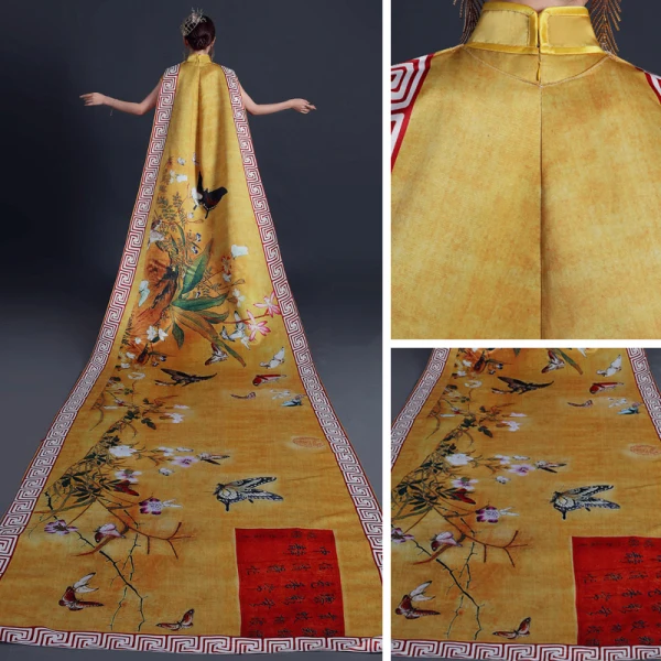 Chinese style Yellow Cheongsam / Qipao 2021 Trumpet / Mermaid High Neck Short Sleeve Butterfly Printing Watteau Train Formal Dresses