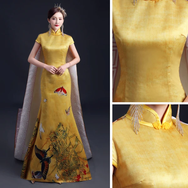 Chinese style Yellow Cheongsam / Qipao 2021 Trumpet / Mermaid High Neck Short Sleeve Butterfly Printing Watteau Train Formal Dresses