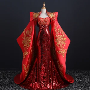 Kinesisk Stil Fancy Rød Rødt Teppe Selskapskjoler Med Sjal 2021 Trompet Havfrue Kjæreste Uten Ermer Appliques Blonder Beading Rhinestone Paljetter Feie Tog Buste Ryggløse Formelle Kjoler