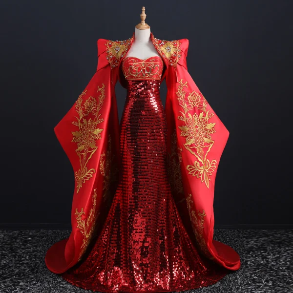 Kinesisk Stil Fancy Rød Rødt teppe Selskapskjoler Med Sjal 2021 Trompet / Havfrue Kjæreste Uten Ermer Appliques Blonder Beading Rhinestone Paljetter Feie Tog Buste Ryggløse Formelle Kjoler