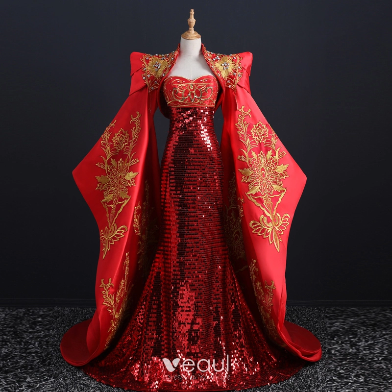 Chinese style Fancy Red Red Carpet Evening Dresses With Shawl 2021 Trumpet  / Mermaid Sweetheart Sleeveless Appliques Lace Beading Rhinestone Sequins  Sweep Train Ruffle Backless Formal Dresses