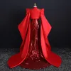 Chinese style Fancy Red Red Carpet Evening Dresses  With Shawl 2021 Trumpet / Mermaid Sweetheart Sleeveless Appliques Lace Beading Rhinestone Sequins Sweep Train Ruffle Backless Formal Dresses