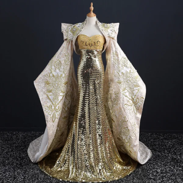 Kinesisk Stil Fancy Rød Rødt teppe Selskapskjoler Med Sjal 2021 Trompet / Havfrue Kjæreste Uten Ermer Appliques Blonder Beading Rhinestone Paljetter Feie Tog Buste Ryggløse Formelle Kjoler