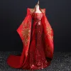 Chinese style Fancy Red Red Carpet Evening Dresses  With Shawl 2021 Trumpet / Mermaid Sweetheart Sleeveless Appliques Lace Beading Rhinestone Sequins Sweep Train Ruffle Backless Formal Dresses