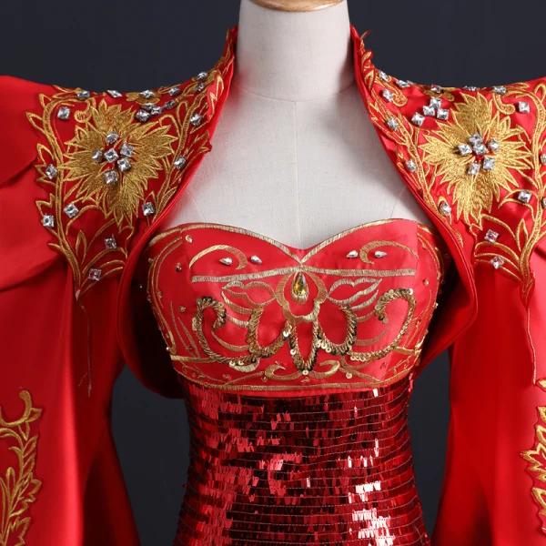 Kinesisk Stil Fancy Rød Rødt teppe Selskapskjoler Med Sjal 2021 Trompet / Havfrue Kjæreste Uten Ermer Appliques Blonder Beading Rhinestone Paljetter Feie Tog Buste Ryggløse Formelle Kjoler