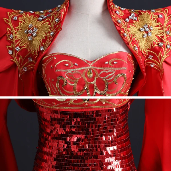 Kinesisk Stil Fancy Rød Rødt teppe Selskapskjoler Med Sjal 2021 Trompet / Havfrue Kjæreste Uten Ermer Appliques Blonder Beading Rhinestone Paljetter Feie Tog Buste Ryggløse Formelle Kjoler