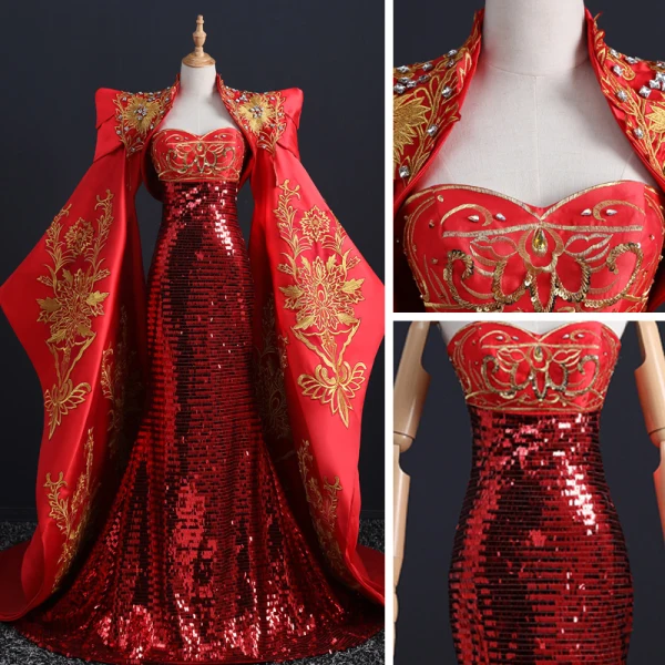 Kinesisk Stil Fancy Rød Rødt teppe Selskapskjoler Med Sjal 2021 Trompet / Havfrue Kjæreste Uten Ermer Appliques Blonder Beading Rhinestone Paljetter Feie Tog Buste Ryggløse Formelle Kjoler