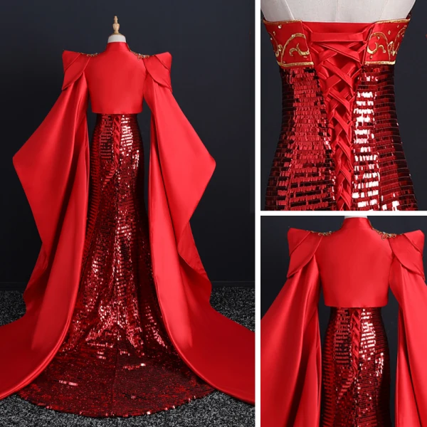 Kinesisk Stil Fancy Rød Rødt teppe Selskapskjoler Med Sjal 2021 Trompet / Havfrue Kjæreste Uten Ermer Appliques Blonder Beading Rhinestone Paljetter Feie Tog Buste Ryggløse Formelle Kjoler