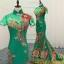 Fancy Dark Green Cheongsam / Qipao 2021 Trumpet / Mermaid See-through High Neck Short Sleeve Appliques Lace Flower Rhinestone Sweep Train Formal Dresses
