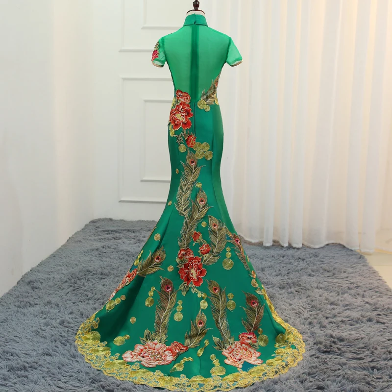 Fancy Dark Green Cheongsam Qipao 2021 Trumpet Mermaid See-Through High Neck Short Sleeve