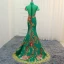 Fancy Dark Green Cheongsam / Qipao 2021 Trumpet / Mermaid See-through High Neck Short Sleeve Appliques Lace Flower Rhinestone Sweep Train Formal Dresses