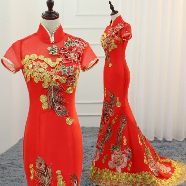 Fancy Dark Green Cheongsam / Qipao 2021 Trumpet / Mermaid See-through High Neck Short Sleeve Appliques Lace Flower Rhinestone Sweep Train Formal Dresses