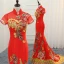 Fancy Dark Green Cheongsam / Qipao 2021 Trumpet / Mermaid See-through High Neck Short Sleeve Appliques Lace Flower Rhinestone Sweep Train Formal Dresses