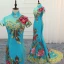 Fancy Dark Green Cheongsam / Qipao 2021 Trumpet / Mermaid See-through High Neck Short Sleeve Appliques Lace Flower Rhinestone Sweep Train Formal Dresses