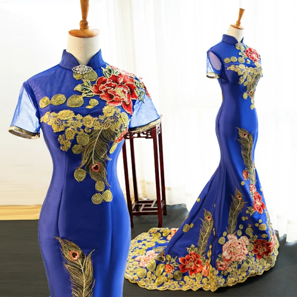 Fancy Dark Green Cheongsam / Qipao 2021 Trumpet / Mermaid See-through High Neck Short Sleeve Appliques Lace Flower Rhinestone Sweep Train Formal Dresses