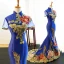 Fancy Dark Green Cheongsam / Qipao 2021 Trumpet / Mermaid See-through High Neck Short Sleeve Appliques Lace Flower Rhinestone Sweep Train Formal Dresses