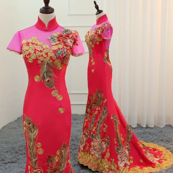 Fancy Dark Green Cheongsam / Qipao 2021 Trumpet / Mermaid See-through High Neck Short Sleeve Appliques Lace Flower Rhinestone Sweep Train Formal Dresses