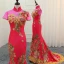 Fancy Dark Green Cheongsam / Qipao 2021 Trumpet / Mermaid See-through High Neck Short Sleeve Appliques Lace Flower Rhinestone Sweep Train Formal Dresses