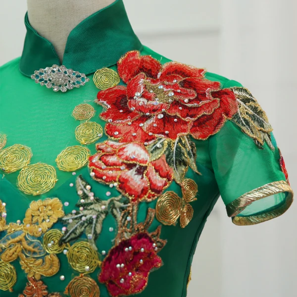 Fancy Dark Green Cheongsam / Qipao 2021 Trumpet / Mermaid See-through High Neck Short Sleeve Appliques Lace Flower Rhinestone Sweep Train Formal Dresses