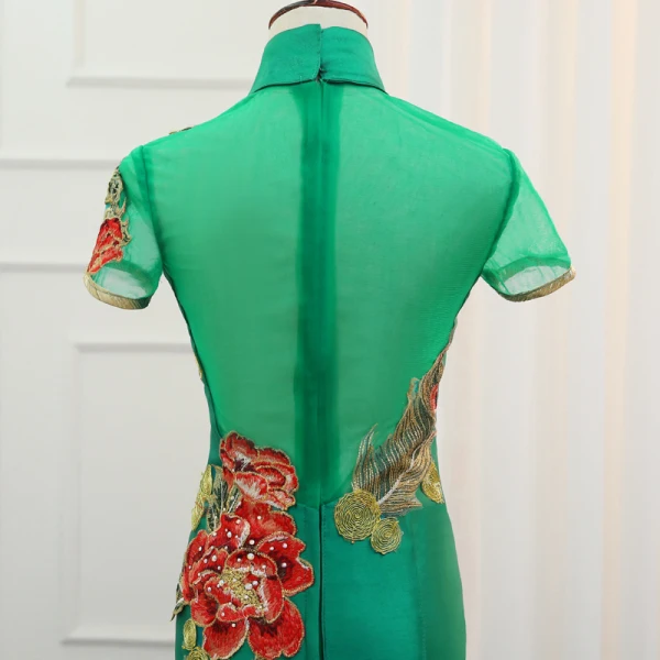 Fancy Dark Green Cheongsam / Qipao 2021 Trumpet / Mermaid See-through High Neck Short Sleeve Appliques Lace Flower Rhinestone Sweep Train Formal Dresses