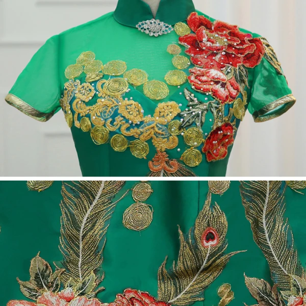 Fancy Dark Green Cheongsam / Qipao 2021 Trumpet / Mermaid See-through High Neck Short Sleeve Appliques Lace Flower Rhinestone Sweep Train Formal Dresses