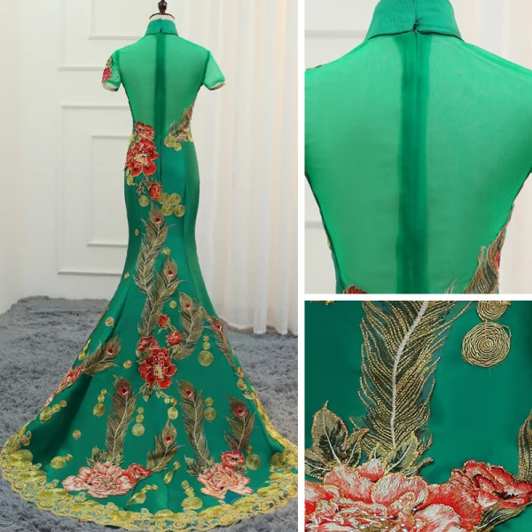 Fancy Dark Green Cheongsam / Qipao 2021 Trumpet / Mermaid See-through High Neck Short Sleeve Appliques Lace Flower Rhinestone Sweep Train Formal Dresses
