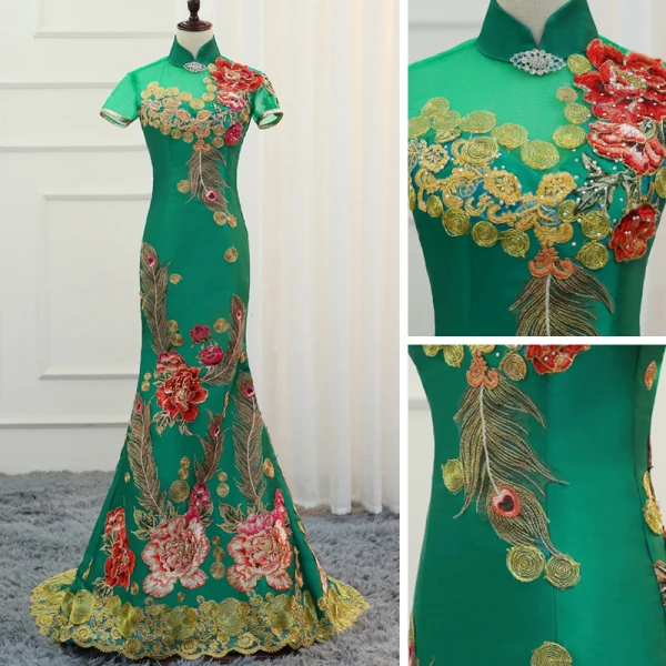 Fancy Dark Green Cheongsam / Qipao 2021 Trumpet / Mermaid See-through High Neck Short Sleeve Appliques Lace Flower Rhinestone Sweep Train Formal Dresses
