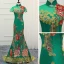 Fancy Dark Green Cheongsam / Qipao 2021 Trumpet / Mermaid See-through High Neck Short Sleeve Appliques Lace Flower Rhinestone Sweep Train Formal Dresses