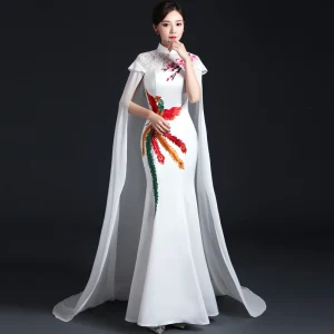 Chic Beautiful White Cheongsam Qipao 2021 Trumpet Mermaid High Neck Short Sleeve Appliques Embroidered Watteau Train Ruffle Formal Dresses