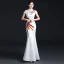 Chic / Beautiful White Cheongsam / Qipao 2021 Trumpet / Mermaid High Neck Short Sleeve Appliques Embroidered Watteau Train Ruffle Formal Dresses